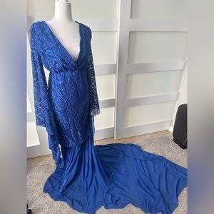 Long Blue lace maternity dress